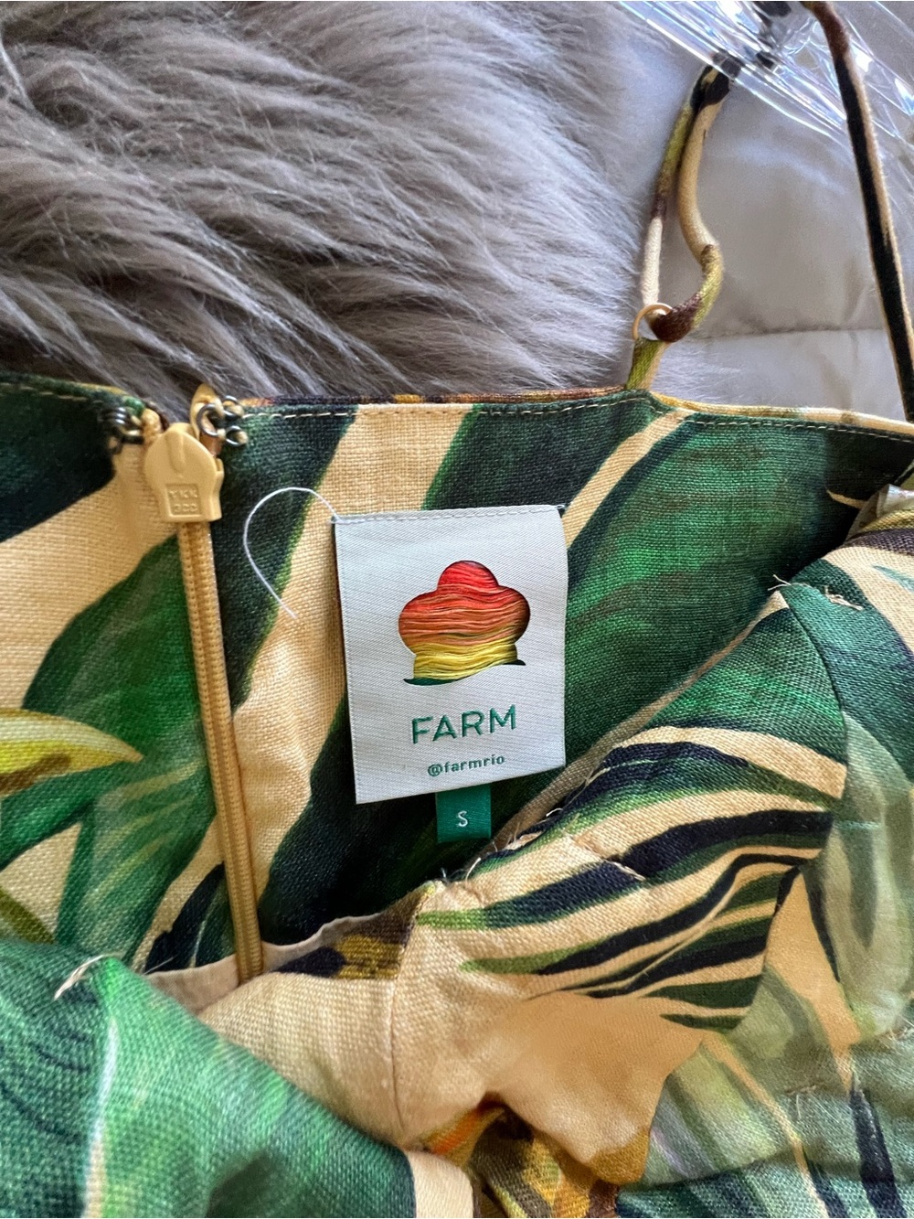 Farm Rio Tropical Leaf Print Sundress in Green and Yellow. - Picture 3 of 3